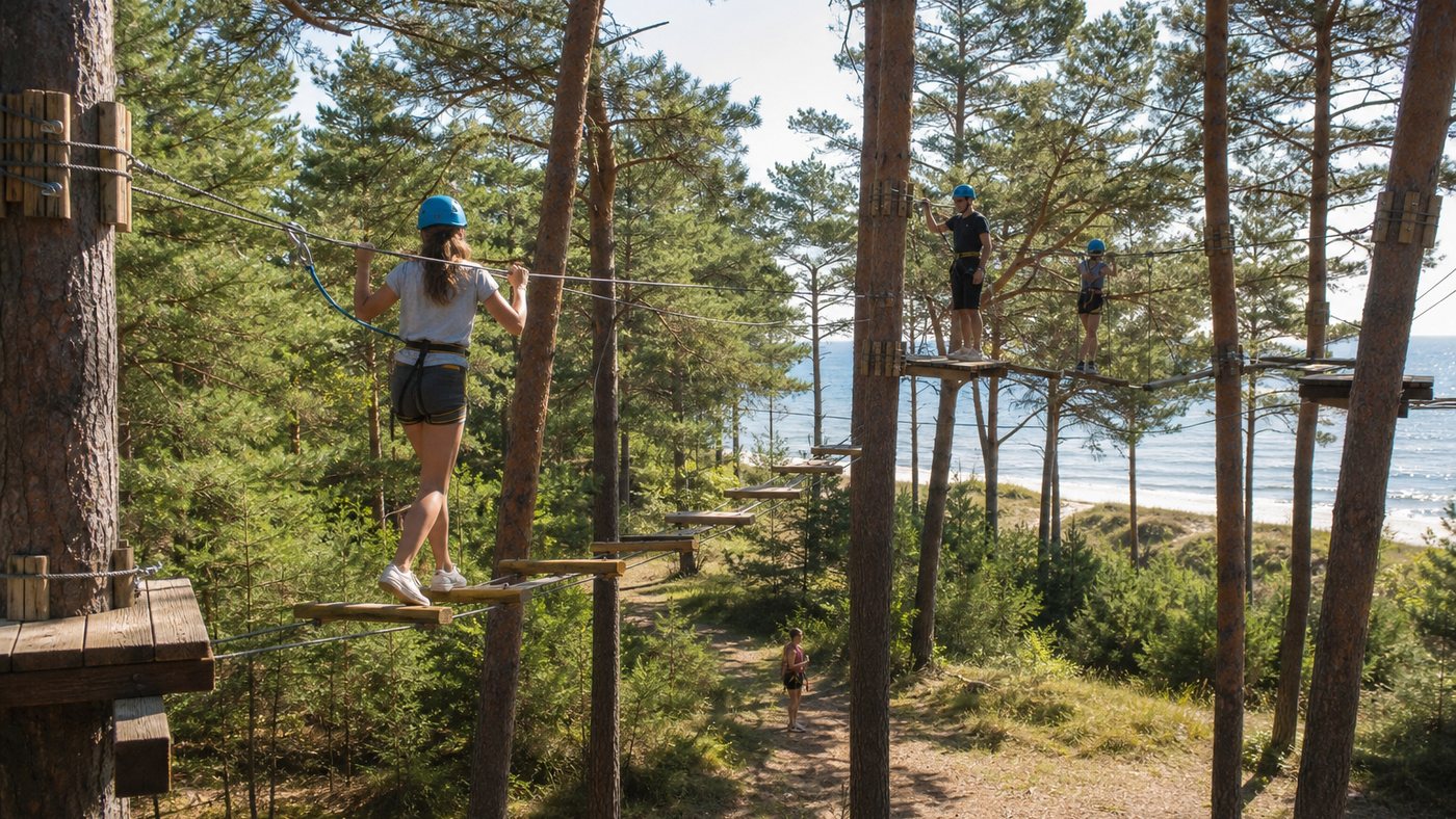 Park linowy i aktywności terenowe w lesie nad morzem