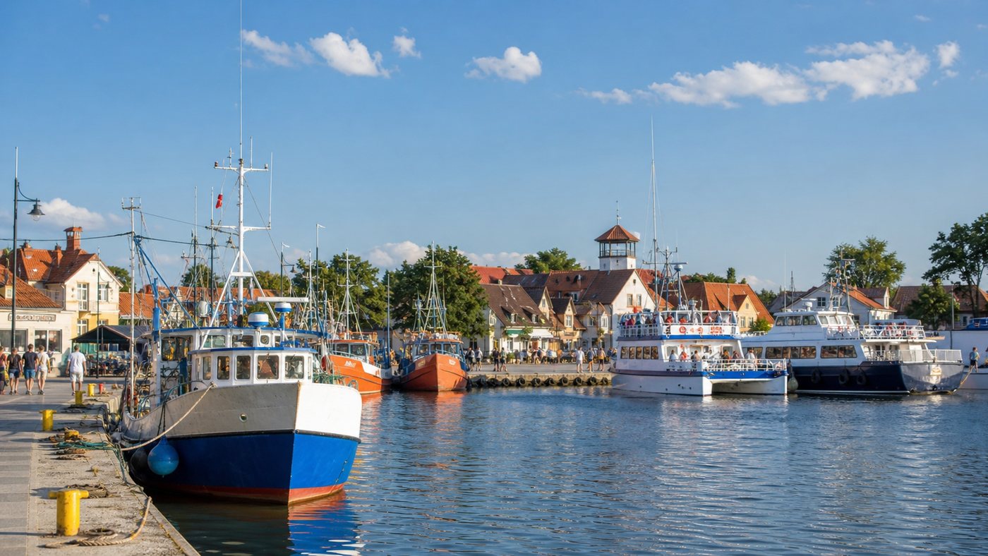 Port w Łebie z kutrami i łodziami wycieczkowymi